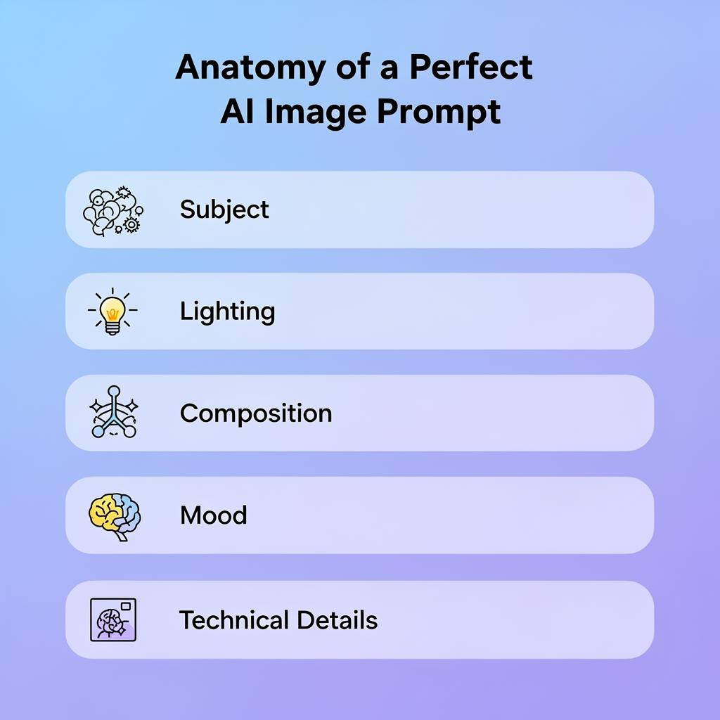 Infografic cu cele șase elemente ale unui prompt perfect pentru generare imagini AI: subiect, stil, iluminare, compoziție, atmosferă și detalii tehnice