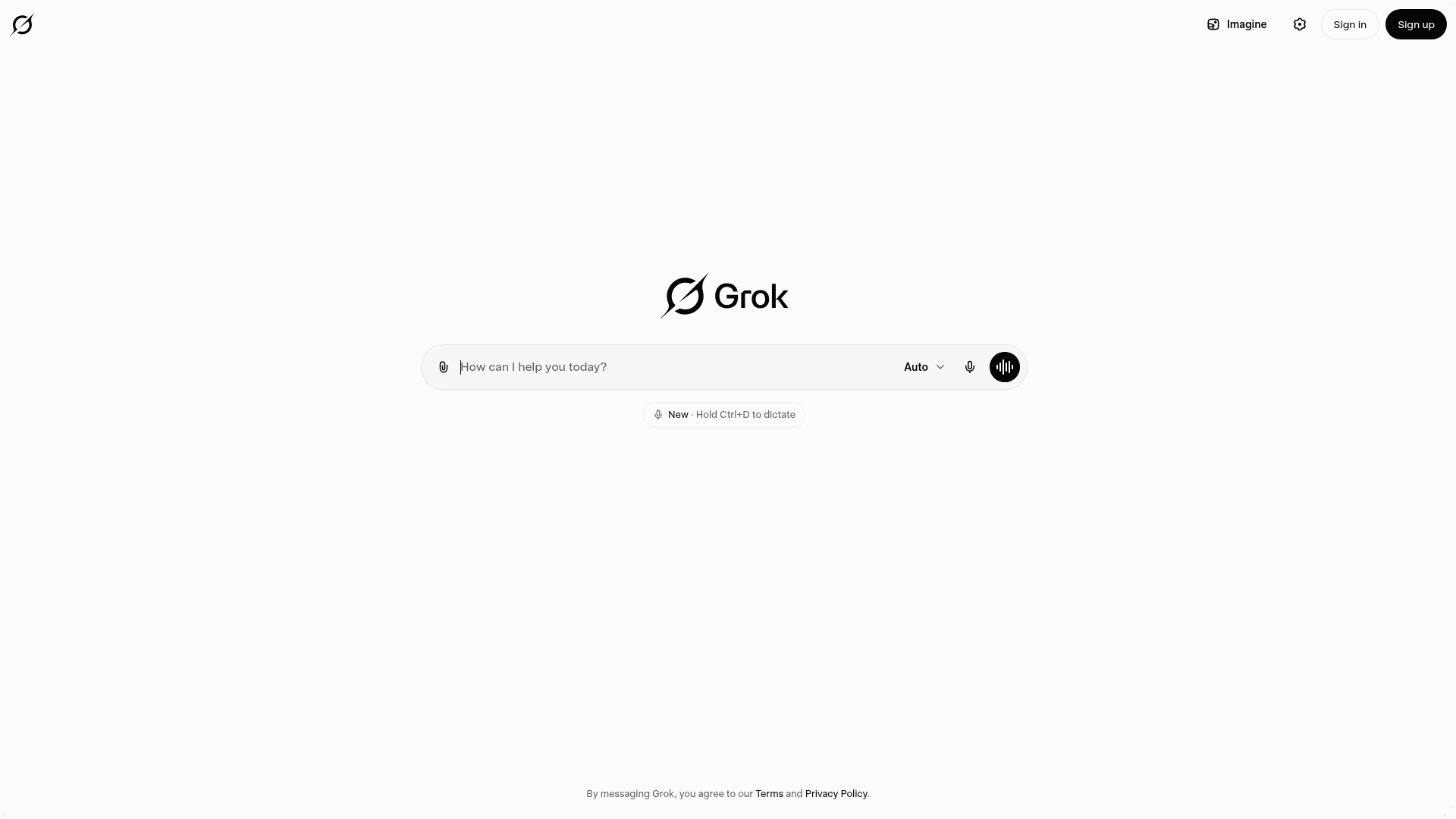 Interfața oficială Grok pe grok.com - câmpul de conversație cu logo-ul Grok