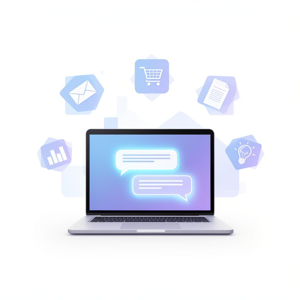 Ilustrație conceptuală a ingineriei de prompturi AI: laptop cu interfață chat înconjurat de icoane pentru email, eCommerce, documente și idei