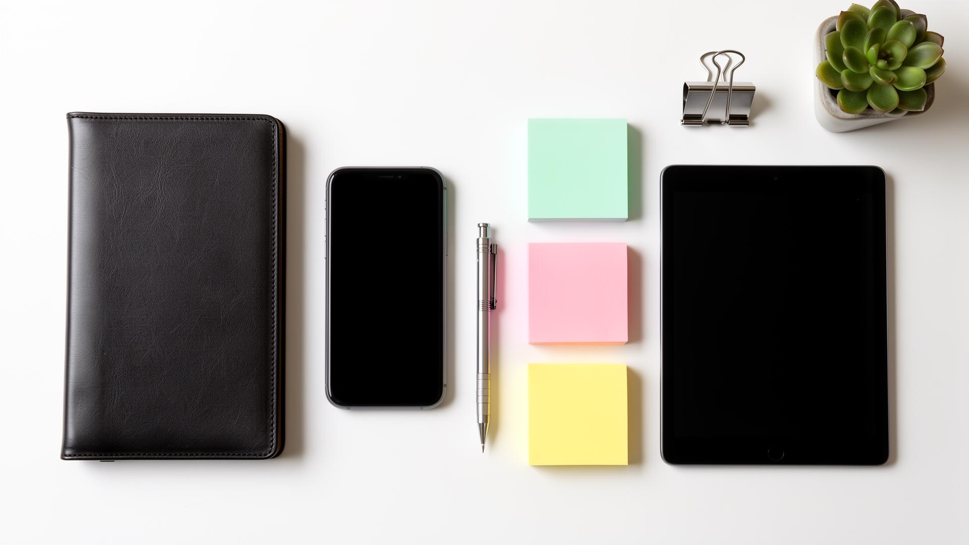 Instrumente de scriere și comunicare profesională: caiet, telefon, tabletă, sticky notes